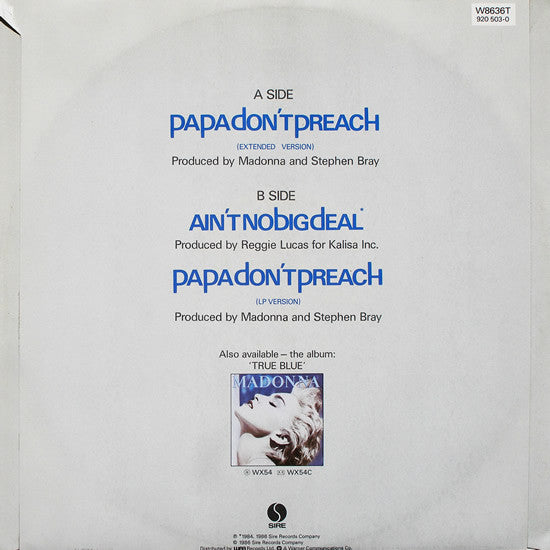 Release: Papa Don't Preach-Vinyl-UK-1986-W8636T, W 8636(T), (920503-0)-207168