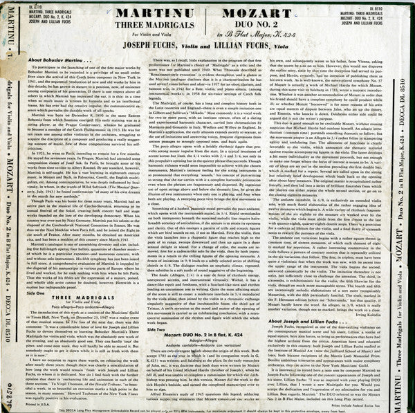 Three Madrigals For Violin And Viola / Duo No.2 In B Flat Major For Violin And Viola, K. 424