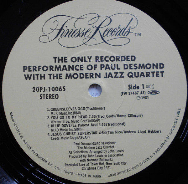 The Only Recorded Performance Of Paul Desmond With The Modern Jazz Quartet