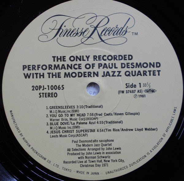 The Only Recorded Performance Of Paul Desmond With The Modern Jazz Quartet