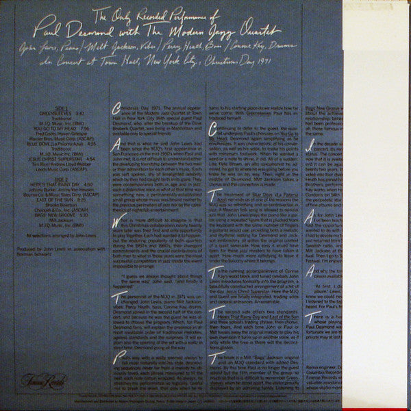 The Only Recorded Performance Of Paul Desmond With The Modern Jazz Quartet