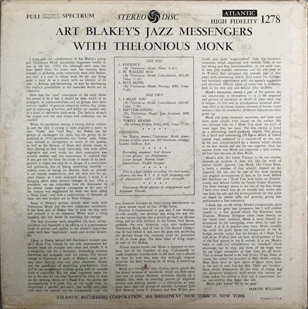 Release: Art Blakey's Jazz Messengers With Thelonious Monk-Vinyl-US-1966-SD 1278-5816515