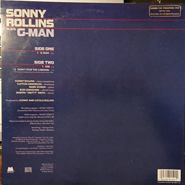 Sonny Rollins Plays G-Man And Other Music For The Soundtrack Of The Robert Mugge Film "Saxophone Colossus"
