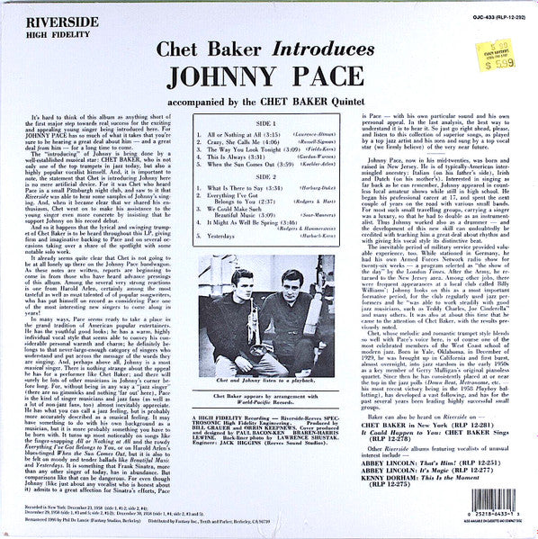 Chet Baker Introduces Johnny Pace Accompanied By The Chet Baker Quintet
