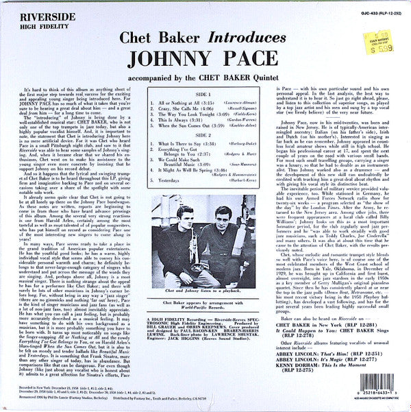 Chet Baker Introduces Johnny Pace Accompanied By The Chet Baker Quintet