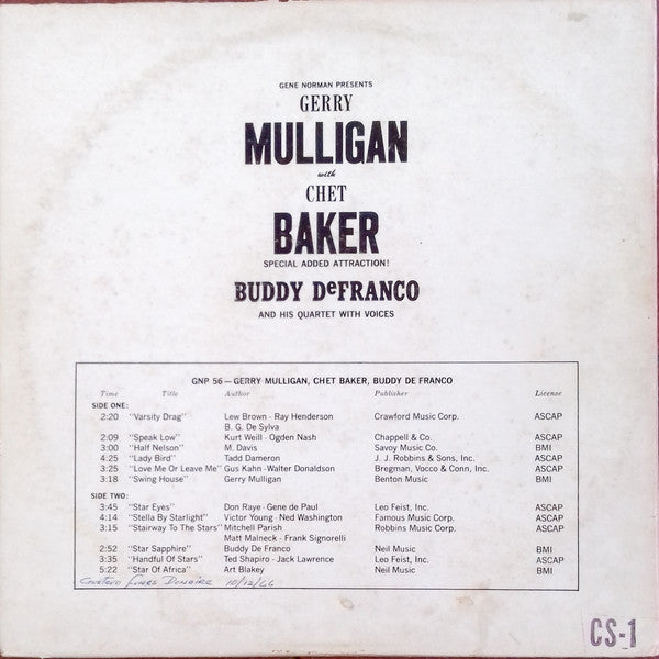 Gerry Mulligan With Chet Baker Special Added Attraction! Buddy DeFranco And His Quartet With Voices