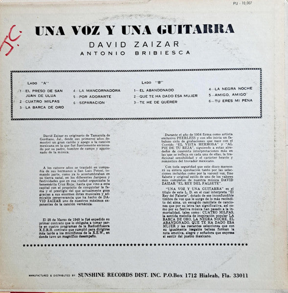 Release: Una Voz...Y Una Guitarra -Vinyl-US-None-LPPU-10007, PV 10.007, PU 10,007-27441573