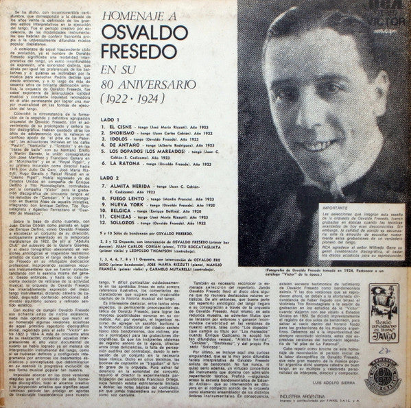 Osvaldo Fresedo En Su 80 Aniversario (1922-1924)