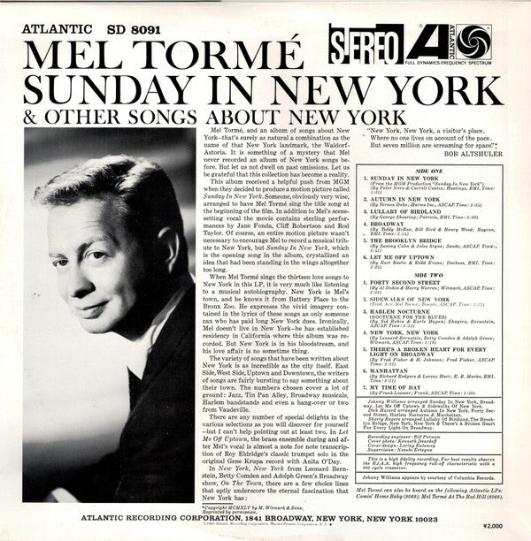Sings Sunday In New York And Other Songs About New York