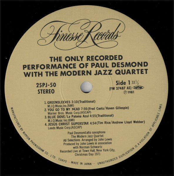 The Only Recorded Performance Of Paul Desmond With The Modern Jazz Quartet
