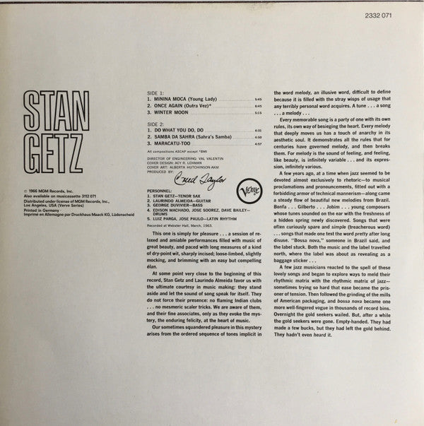 Stan Getz With Guest Artist Laurindo Almeida