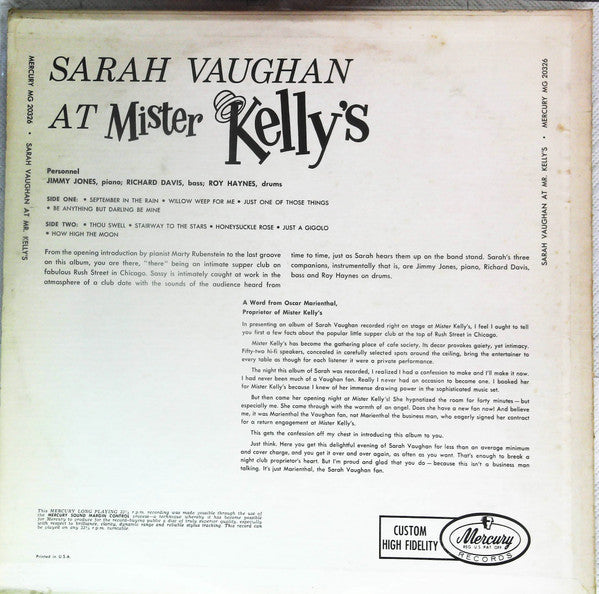 Sarah Vaughan At Mister Kelly's