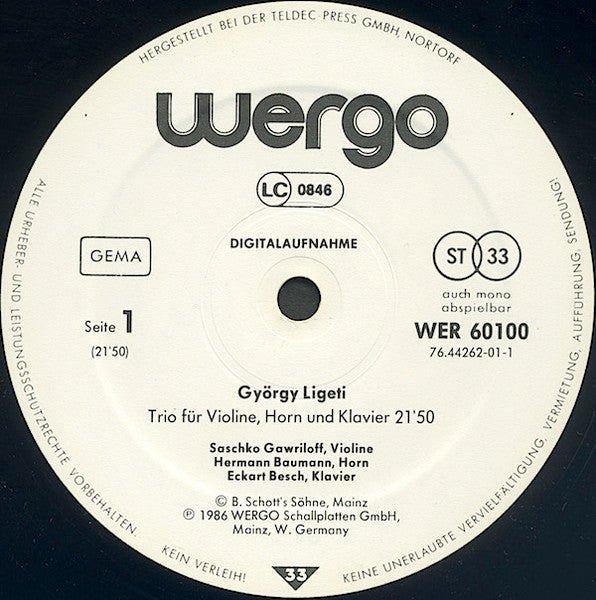 Trio Für Violine, Horn Und Klavier - Passacaglia Ungherese / Hungarian Rock / Continuum - Monument · Selbstportrait · Bewegung