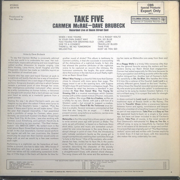 Release: Take Five (Recorded Live At Basin Street East)-Vinyl-US-1973-JCS 9116-10037803