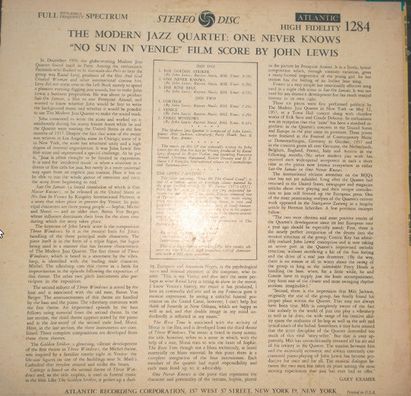 The Modern Jazz Quartet Plays One Never Knows - Original Film Score For “No Sun In Venice”