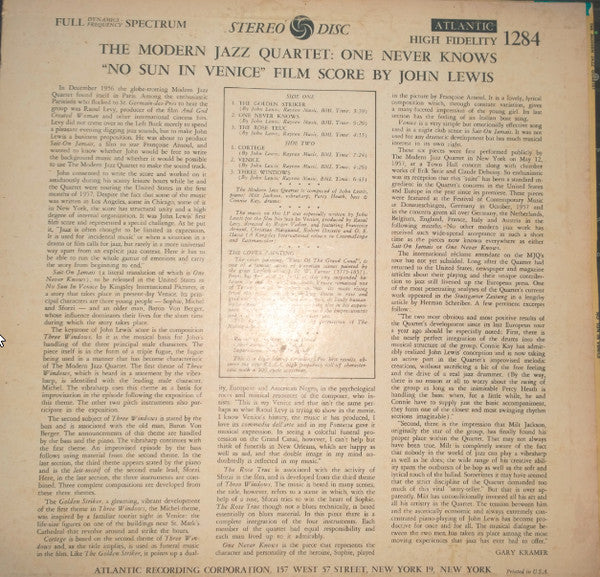 The Modern Jazz Quartet Plays One Never Knows - Original Film Score For “No Sun In Venice”