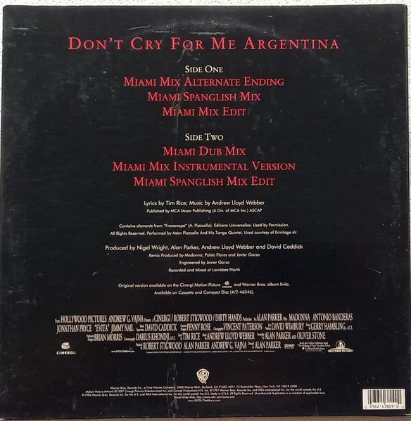Release: Don't Cry For Me Argentina-Vinyl-US-1997-9 43809-0, 0-43809-585178