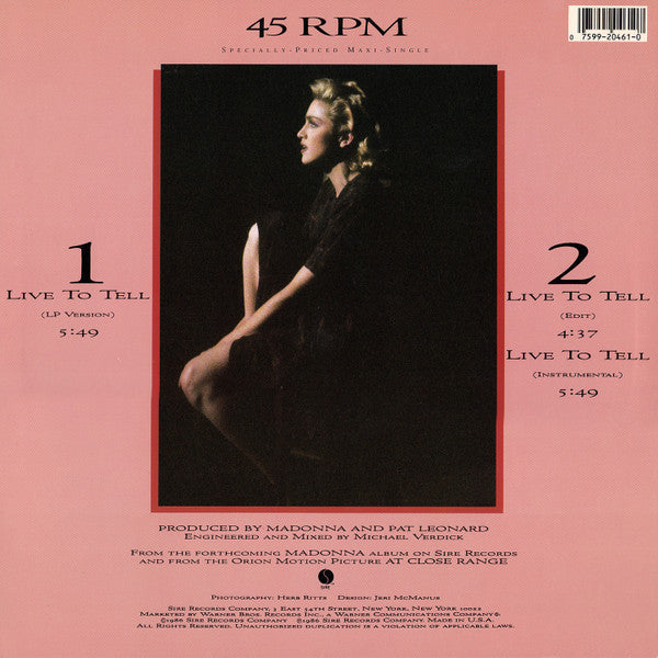 Release: Live To Tell-Vinyl-US-1986-0-20461, 9 20461-0 A-658022