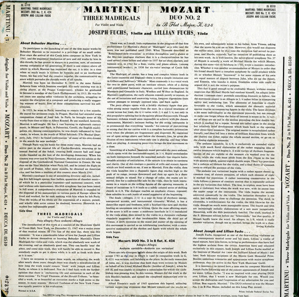 Three Madrigals For Violin And Viola / Duo No.2 In B Flat Major For Violin And Viola, K. 424