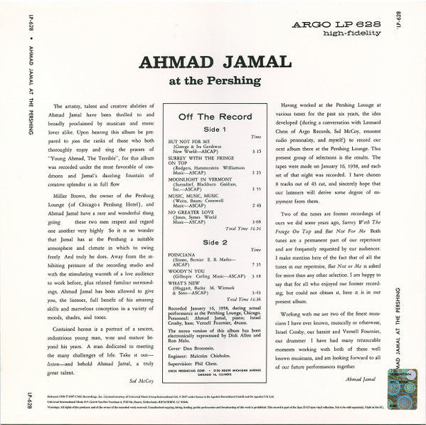 Master Release: Ahmad Jamal At The Pershing by Ahmad Jamal Trio