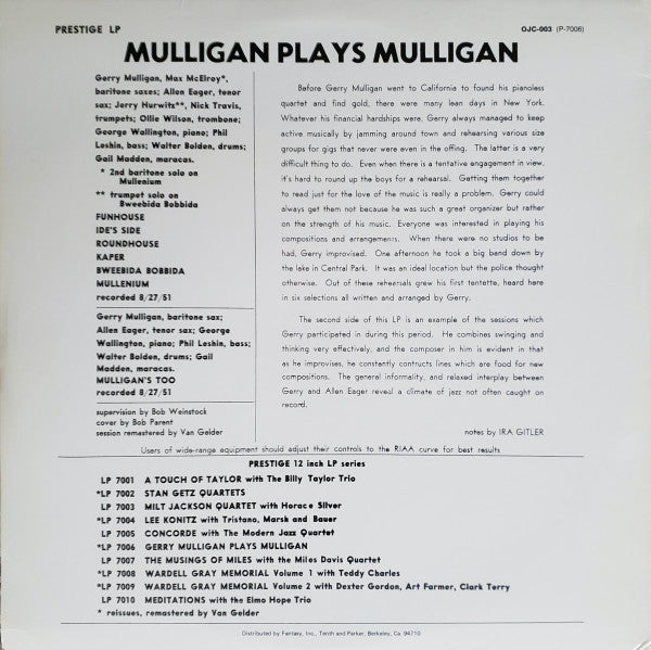 Release: Mulligan Plays Mulligan-Vinyl-US-1982-OJC-003, P-7006-16108627