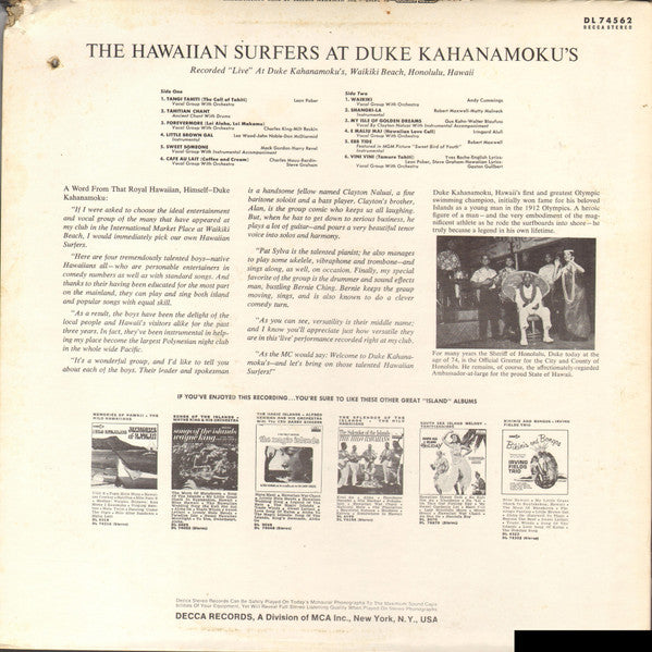Release: The Hawaiian Surfers At Duke Kahanamoku's-Vinyl-US-1964-DL 74562-9775954