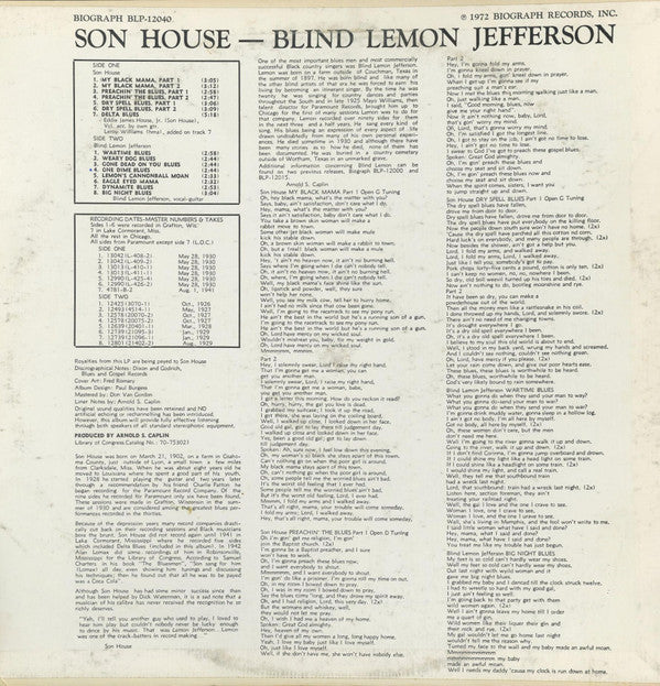 Release: Blind Lemon Jefferson / Son House-Vinyl-US-1972-BLP-12040-1478507