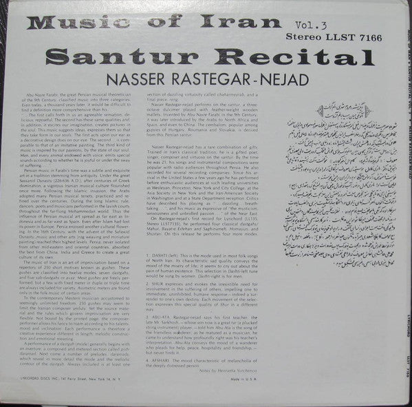 Release: Music Of Iran - Santur Recital Vol. 3-Vinyl-US-None-LLST 7166-8768433
