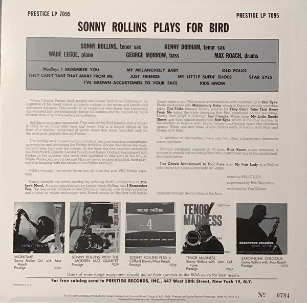 Release: Rollins Plays For Bird-Vinyl-US-2014-LP 7095, APRJ 7095-6104118