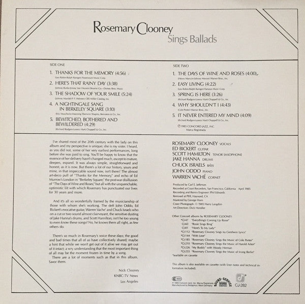 Release: Rosemary Clooney Sings Ballads-Vinyl-Germany-1985-CJ 282-14372163