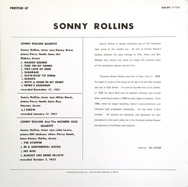 Release: Sonny Rollins With The Modern Jazz Quartet-Vinyl-US-None-P-7029, OJC-011-9139491