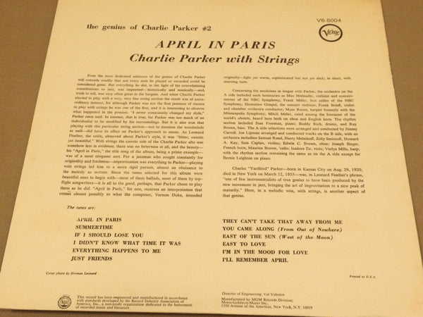 Release: Charlie Parker With Strings-Vinyl-US-None-V6-8004-2262083