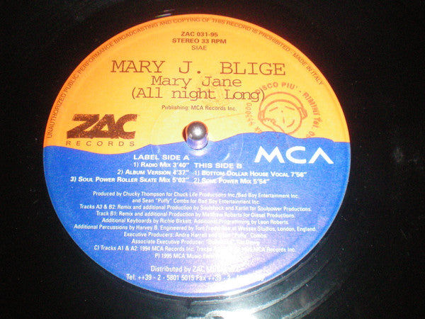 Release: Mary Jane (All Night Long)-Vinyl-Italy-1995-ZAC 031-95-1350208