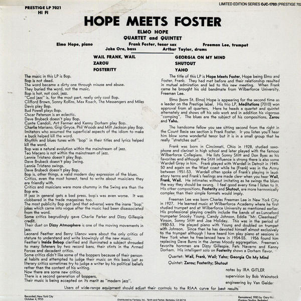 Release: Hope Meets Foster-Vinyl-US-1985-OJC-1703, P-7021, PRESTIGE 7021-3553625