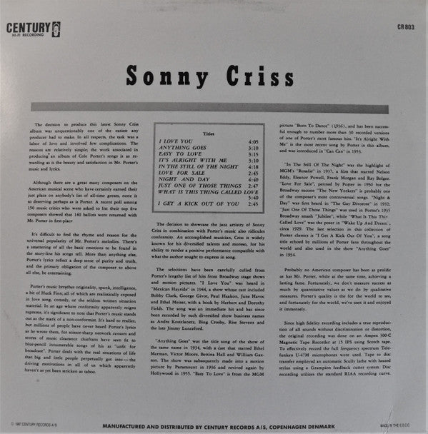 Sonny Criss Plays Cole Porter