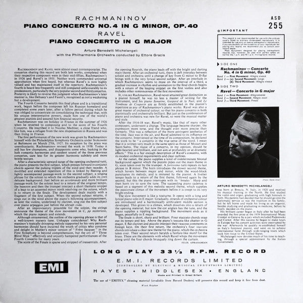 Release: Concerto Per Pianoforte In Sol Maggiore / Concerto Per Pianoforte N. 4 In Sol Minore Op. 40-Vinyl-UK-None-ASD 255, ASD 255-7532278