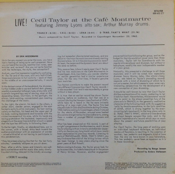 Release: Live At The Cafe Montmartre-Vinyl-UK-1969-SFJL928, 888 602 ZY-1155766