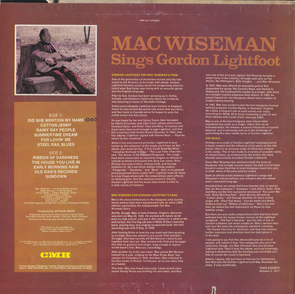 Master Release: Mac Wiseman Sings Gordon Lightfoot by Mac Wiseman