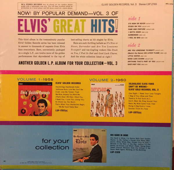 Release: Elvis' Golden Records, Vol. 3-Vinyl-US-1976-LSP-2765, LSP 2765-4459126