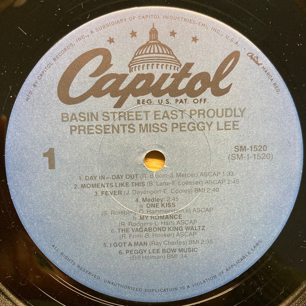 Basin Street East Proudly Presents Miss Peggy Lee Recorded At The Fabulous New York Club