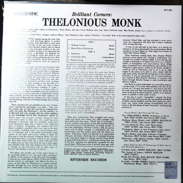 Release: Brilliant Corners-Vinyl-Italy-2012-RLP 12-226, RLP-226-32534259