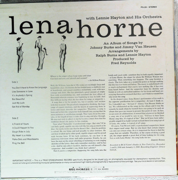 Master Release: Songs By Burke And Van Heusen by Lena Horne