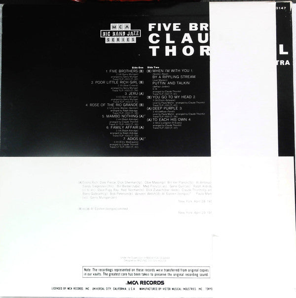 Release: Claude Thornhill And His Orchestra Play The Great Jazz Arrangements Of Gerry Mulligan And Ralph Aldrich-Vinyl-Japan-1976-MCA-3147-15719166