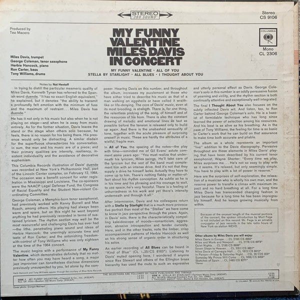 Release: My Funny Valentine - Miles Davis In Concert-Vinyl-US-1970-CS 9106-7889352