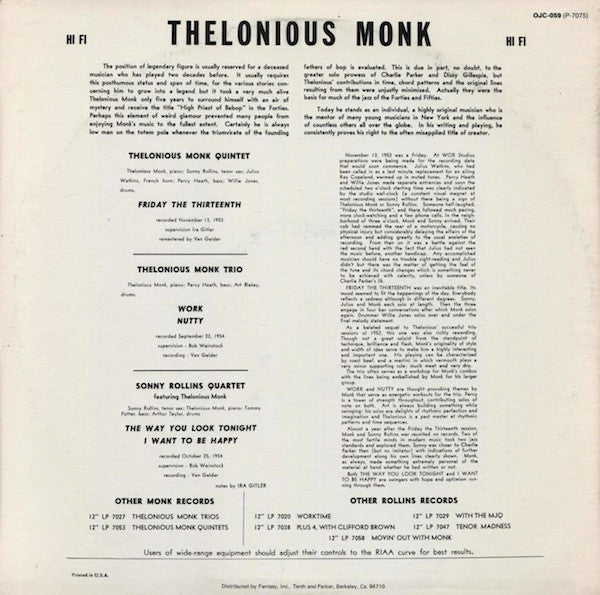 Release: Thelonious Monk / Sonny Rollins-Vinyl-US-1983-OJC-059, P-7075-1467550