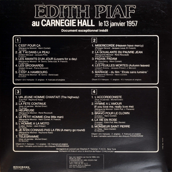 Master Release: Edith Piaf At Carnegie Hall (13th January 1957) by Edith Piaf