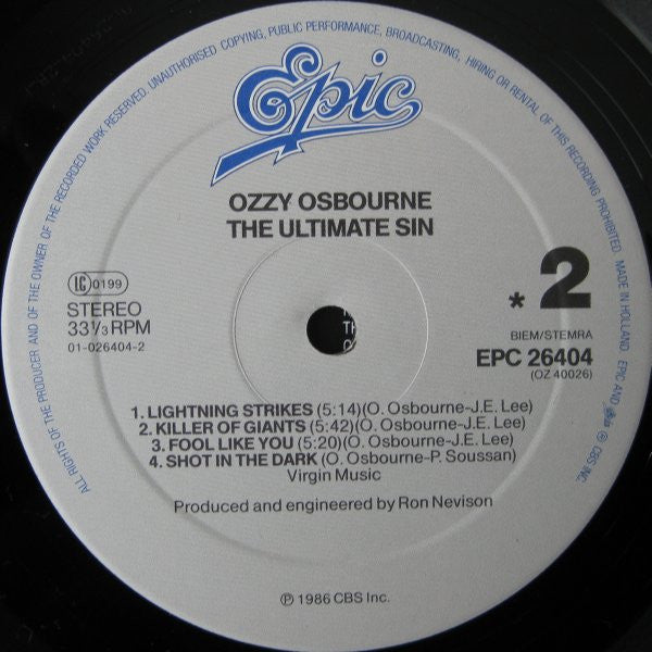 Release: The Ultimate Sin-Vinyl-Europe-1986-EPC 26404, 26404-1786940