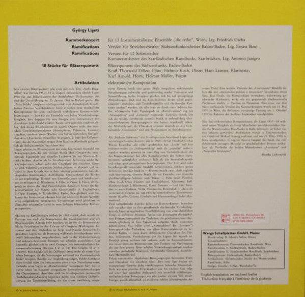 Kammerkonzert / Ramifications  (Version Für Streichorchester) / Ramifications (Version Für 12 Solostreicher) / Zehn Stücke Für Bläserquintett / Artikulation
