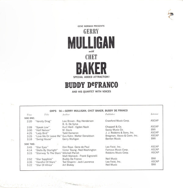 Gerry Mulligan Quartet / Buddy DeFranco Quartet