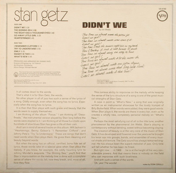 Release: Didn't We-Vinyl-US-1969-V6-8780-2787483